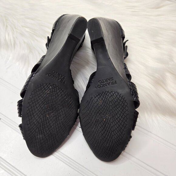 Franco Sarto Women's Size 7 M Black Leather Wedge Sandals Heels Peep Toe Buckle - Picture 8 of 11